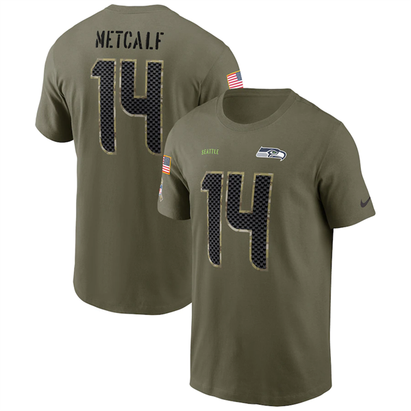 Men's Seattle Seahawks #14 DK Metcalf 2022 Olive Salute to Service T-Shirt